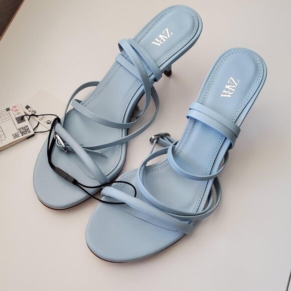 ZARA WRAP STRAP LEATHER SANDALS in LIGHT BLUE size 7.5-8 US - Picture 1 of 8